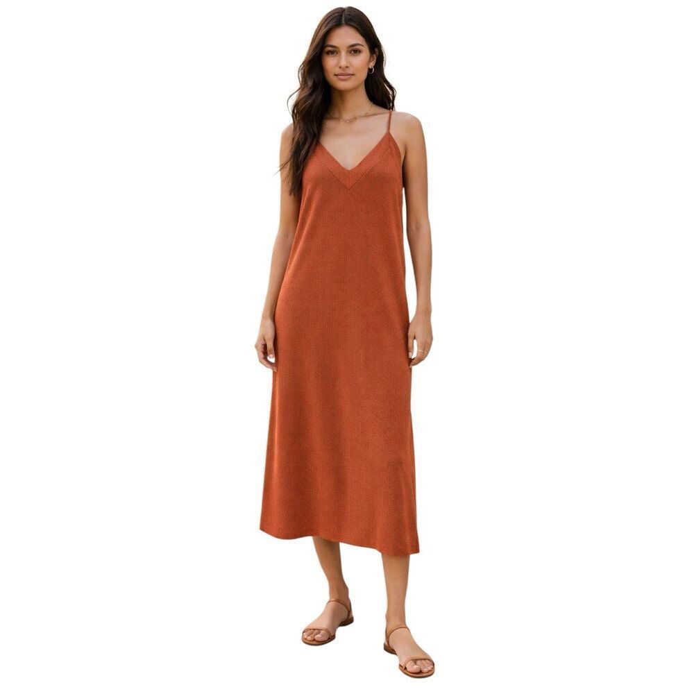 ZARA TRAFALUC Rust Orange V-neck Midi Dress Size M